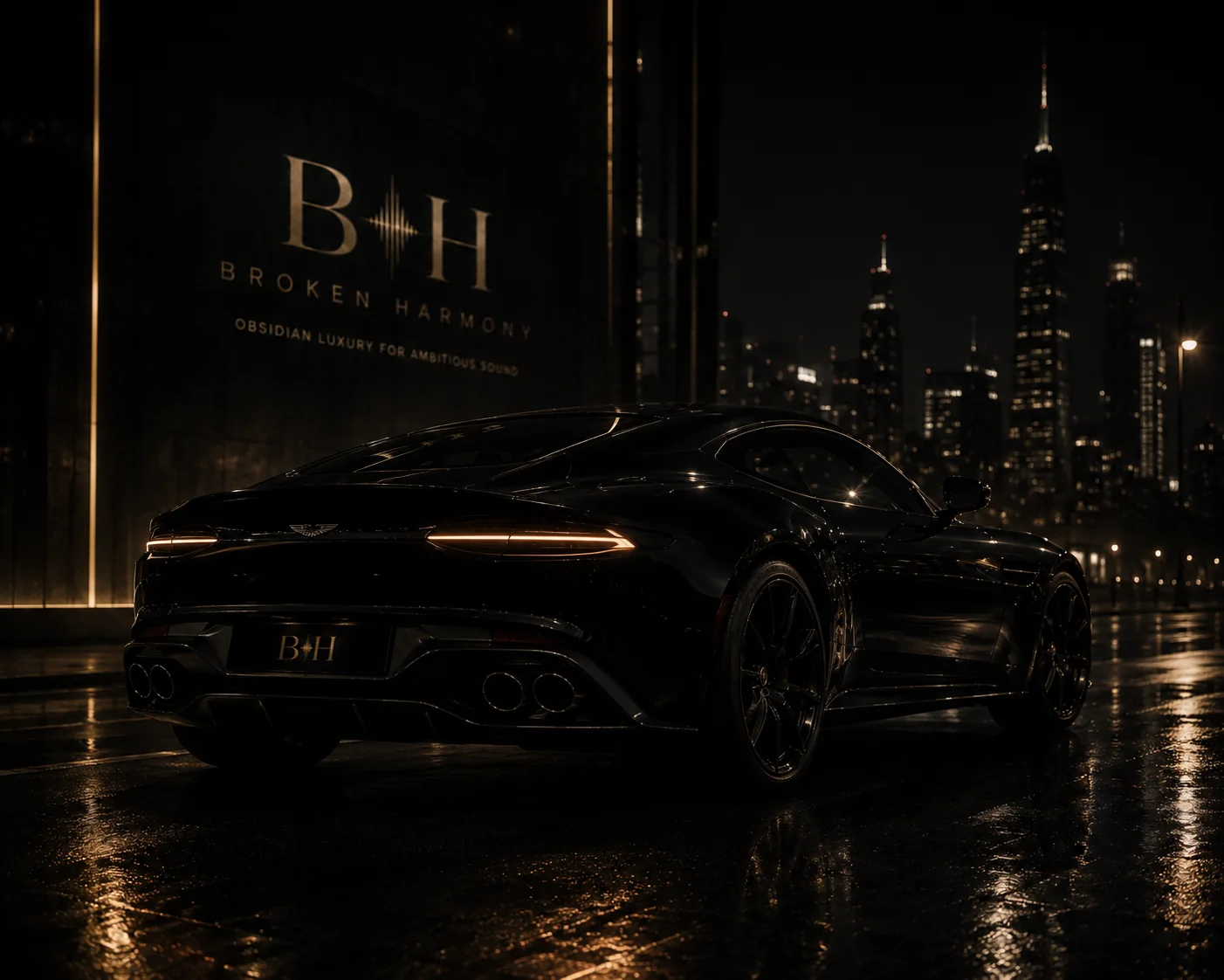 Black luxury car in a wet city night with Broken Harmony branding