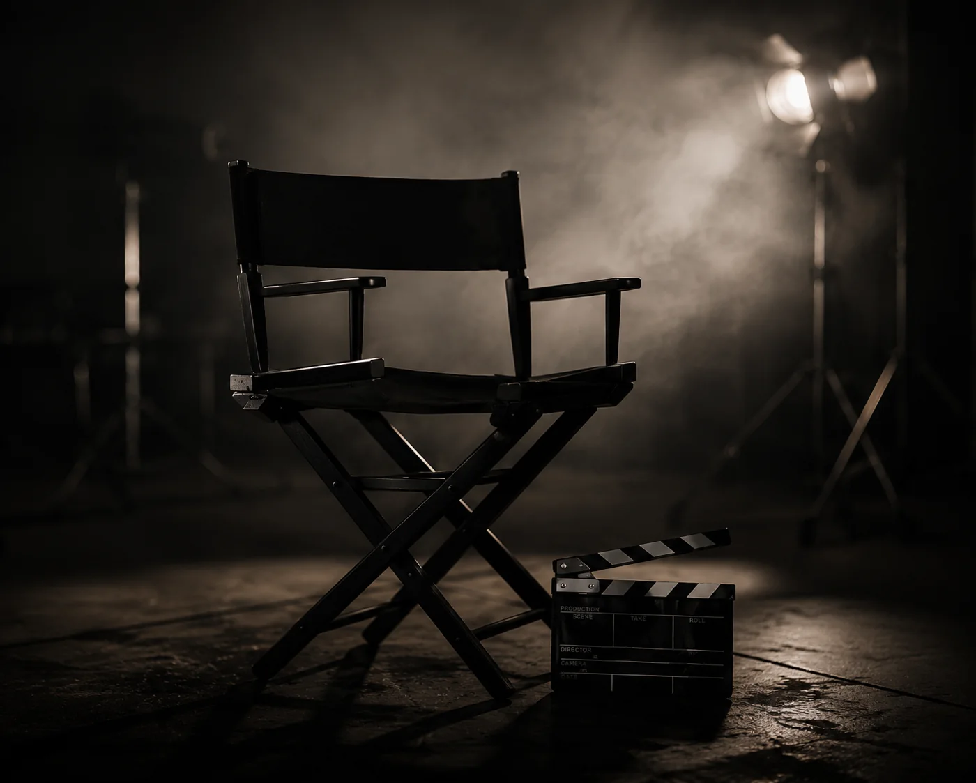 Director chair and clapperboard in a smoky film studio