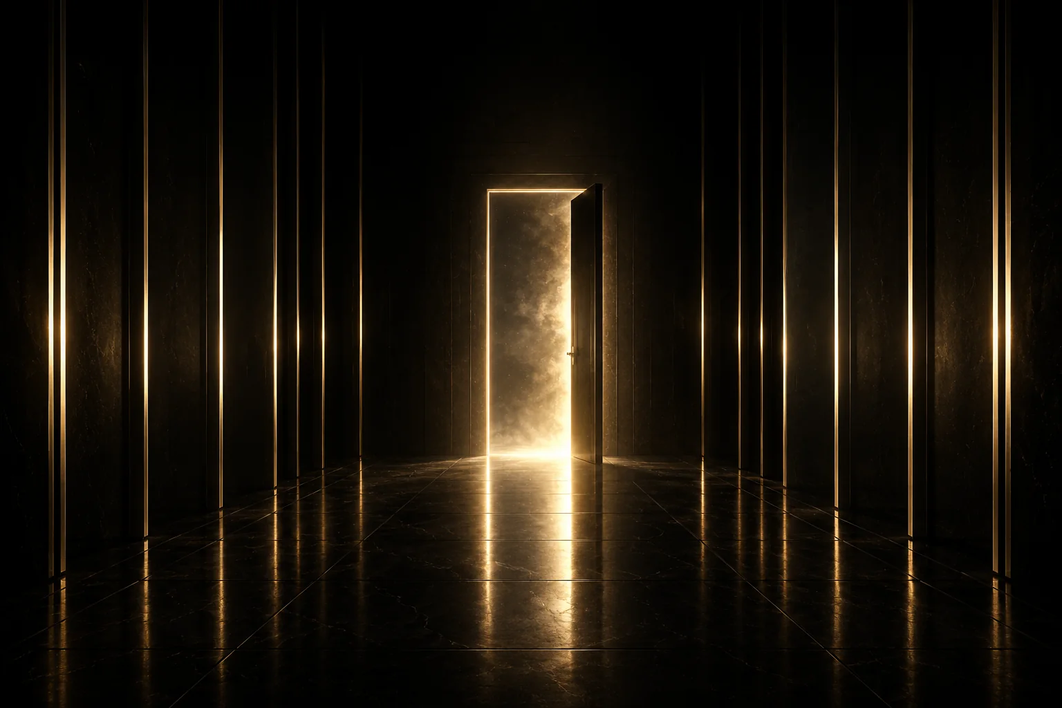 Gold-lit doorway in a dark obsidian corridor