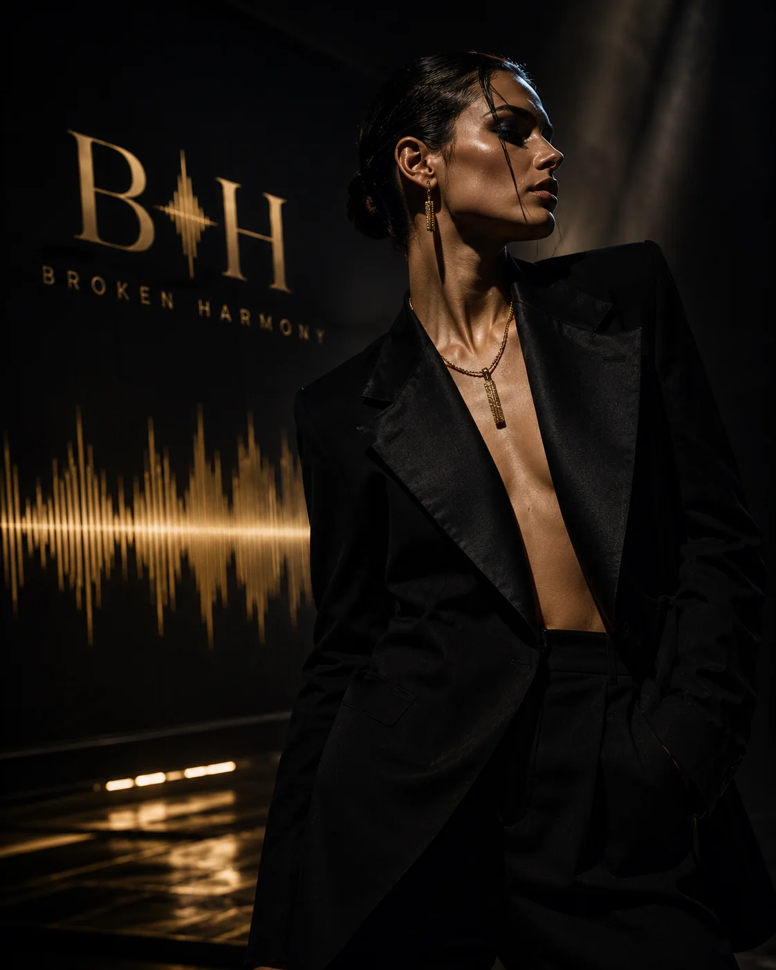 High-fashion model in black and gold Broken Harmony environment