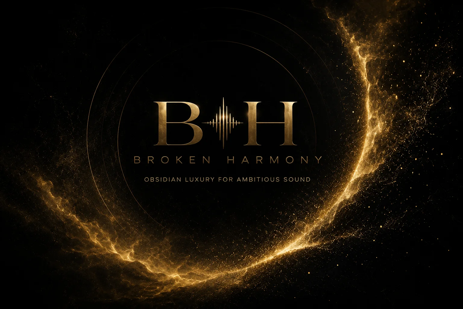 Broken Harmony gold logo with circular particle energy