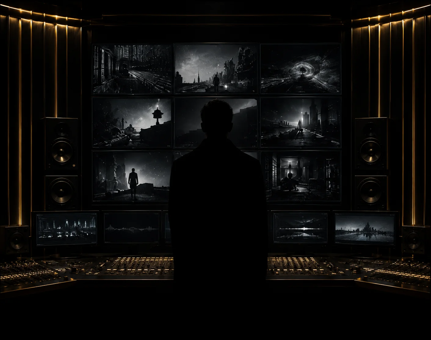 Sound design room with cinematic screens and mixing console