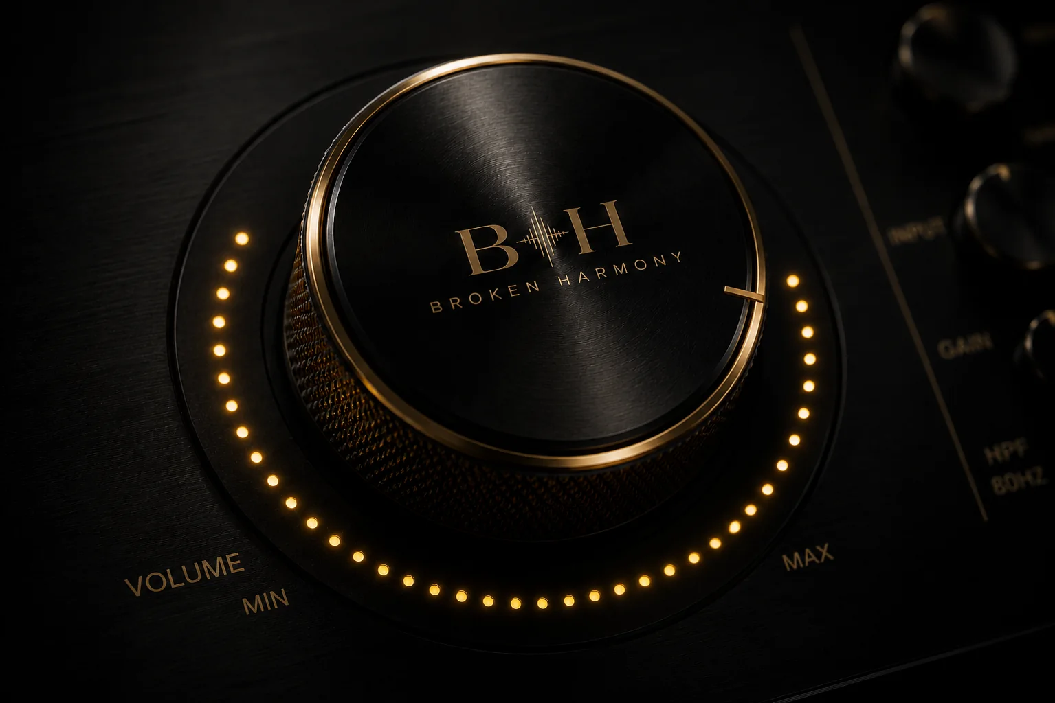Close-up of a luxury Broken Harmony volume knob
